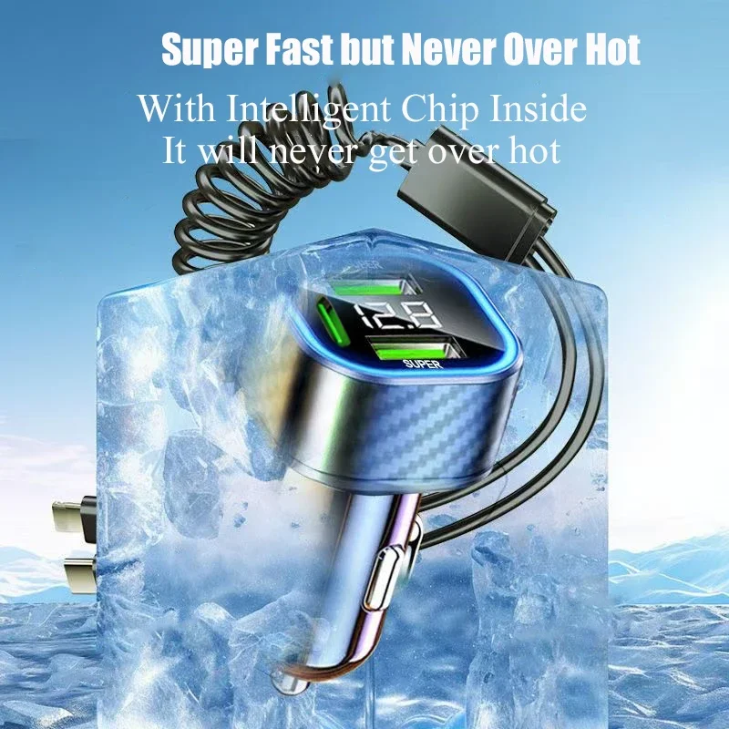 UYUXIO 5 in 1 USB C Car Phone Charger Adapter with Voltage Display Spring Cable Super Fast for iPhone 16 15 Pro Max Samsung - náhled 4