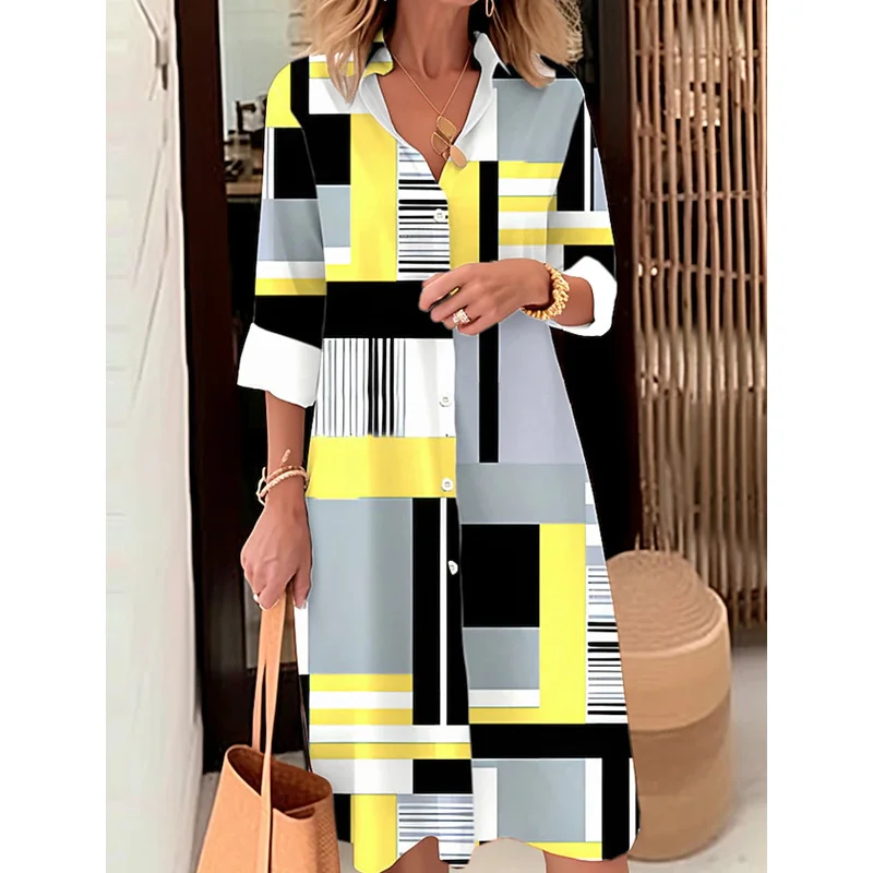 2025 الخريف الشتاء قميص نسائي فستان موضة المرقعة كم طويل التلبيب زر فستان عادية فضفاض الشارع الشهير فساتين سترة