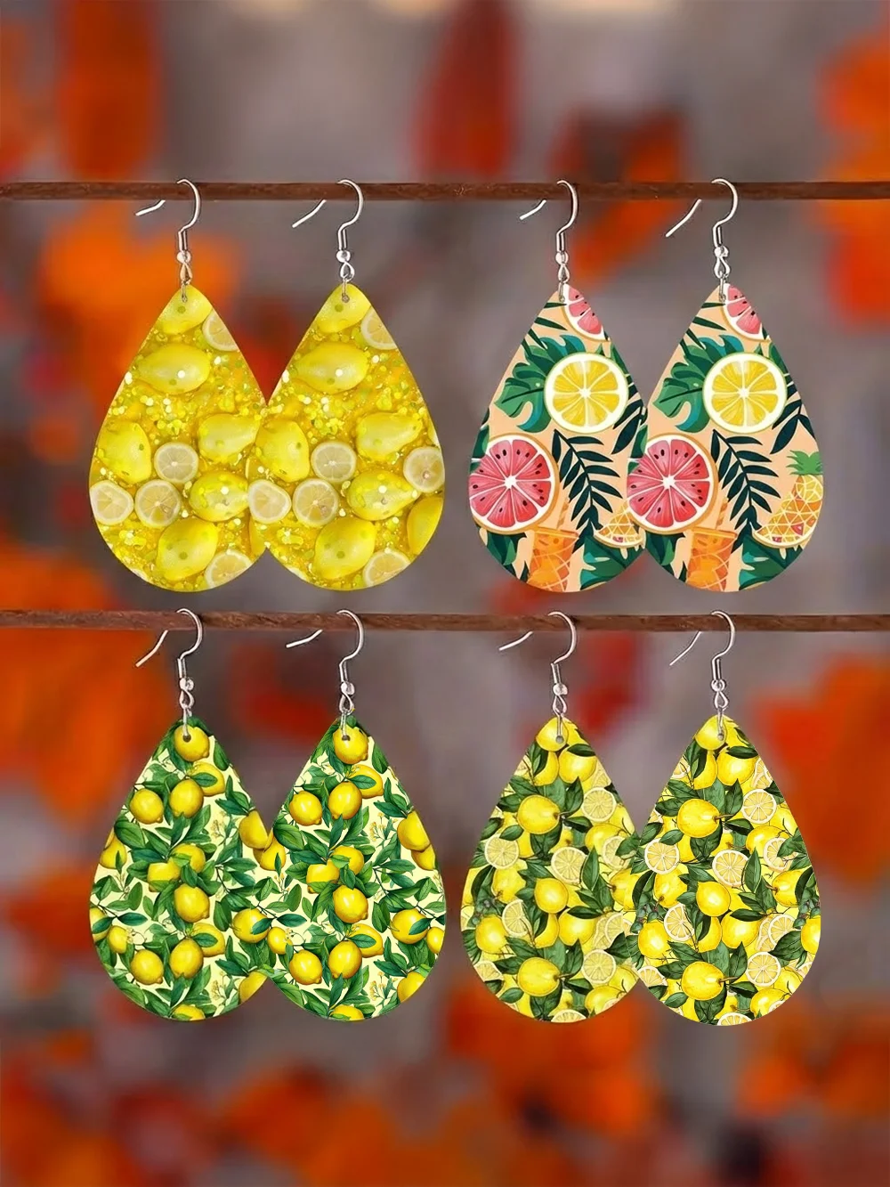 4 Paar/Set, tropfenförmige Ohrringe, elegantes Ohrring-Set mit sommerfrischem Zitronen-Tropenfrucht-Aufdruck, modische hölzerne Anhänger-Ohrringe für Damen, geeignet für den täglichen Gebrauch im
