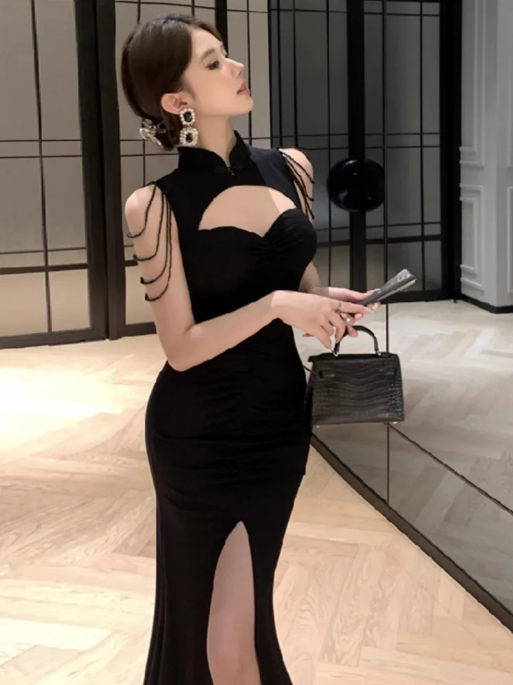 Topenomi Vintage Evening Dress Women Sexy Off Shoulder Tassel High Waist Slim Split Wedding Party Gown Cocktail Black Long Robe