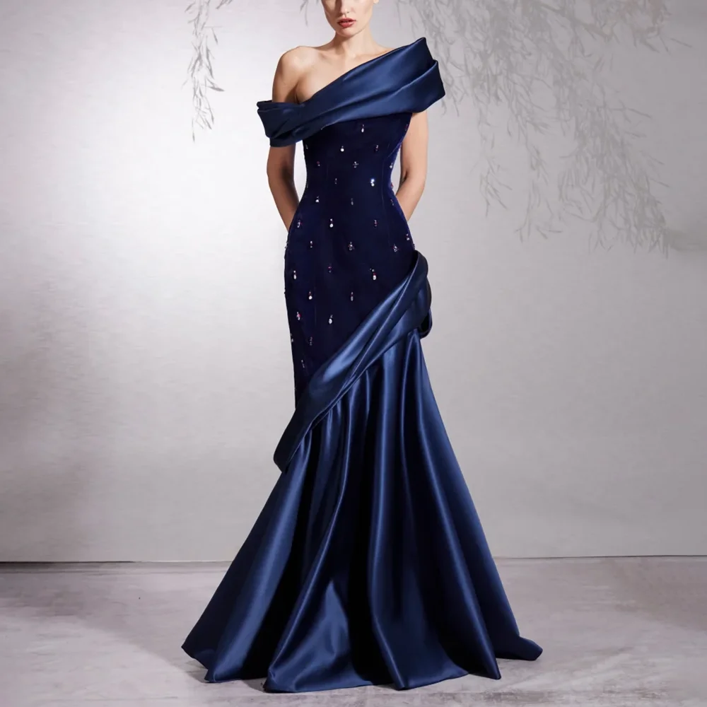 

Party Dresses for Women Off The Shoulder Crystals Pleat Mermaid Prom Gowns Navy Blue Fashion Floor Length Formal Evening Dresses