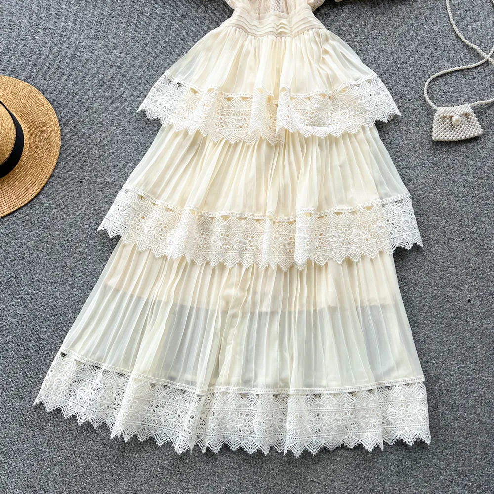 Sexy Lace Pleated Tiered Dress Chic O-Neck Vintage Fashion Puff Sleeve Dress Party Women Summer Elegant Slim Vestidos