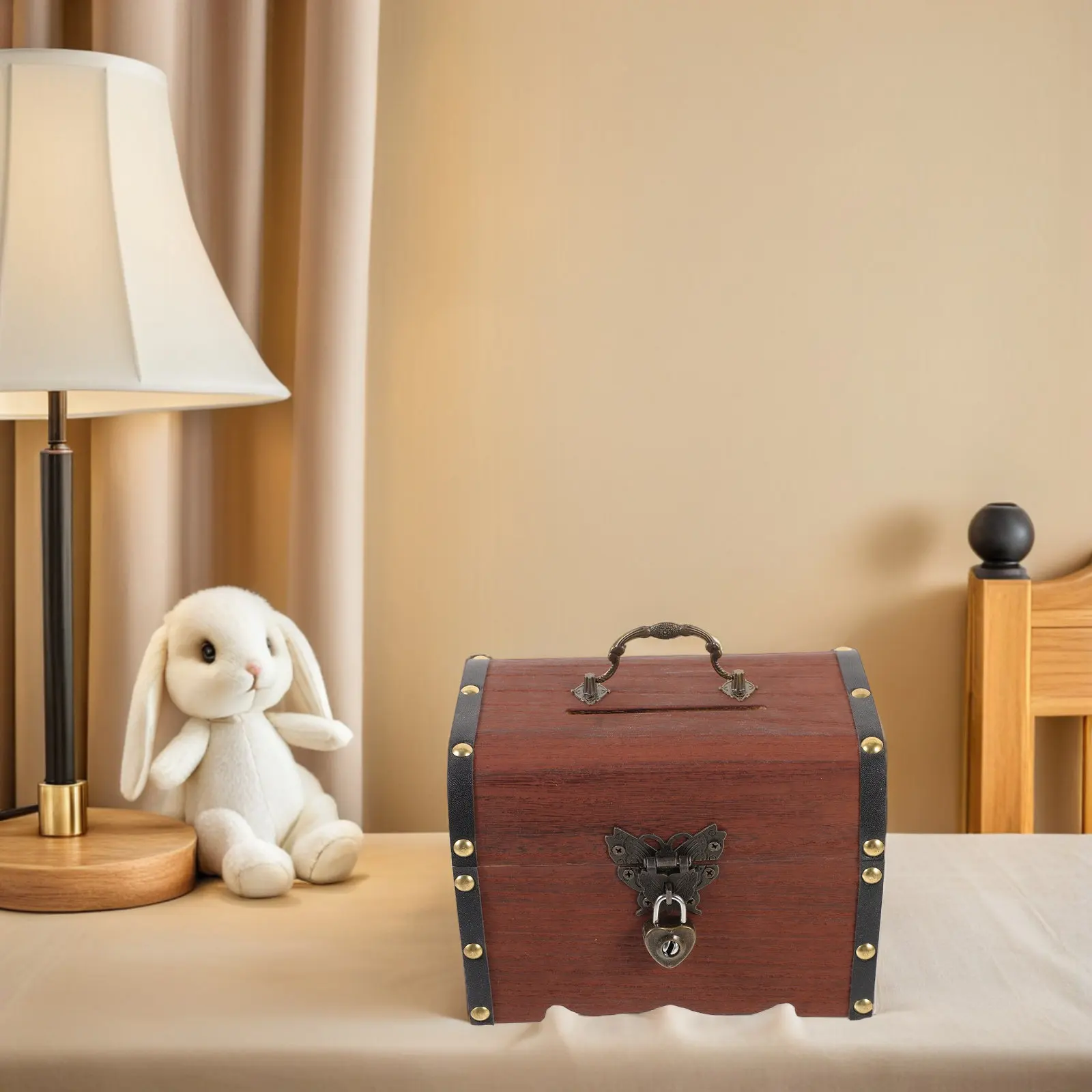Wood Treasure Chest Vintage Lockable Jewelry Box Retro Money Saving Box for Home Office Decor Travel Keepsake Storage