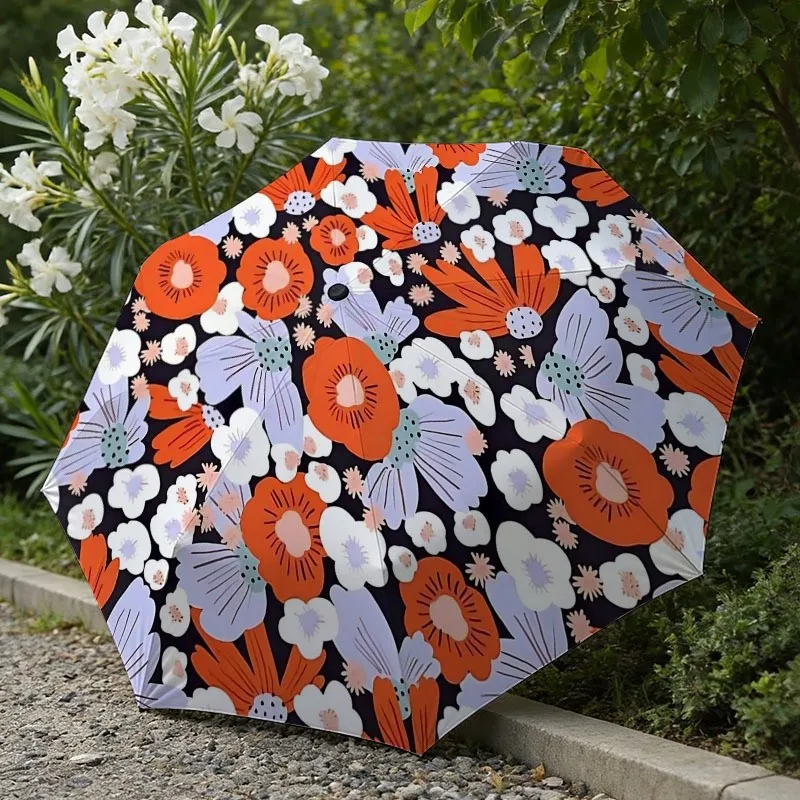 

1pc Automatic Folding Umbrella - Black with Orange and Purple Geometric Floral Pattern, Sun and Rain Protection, Sunscreen and