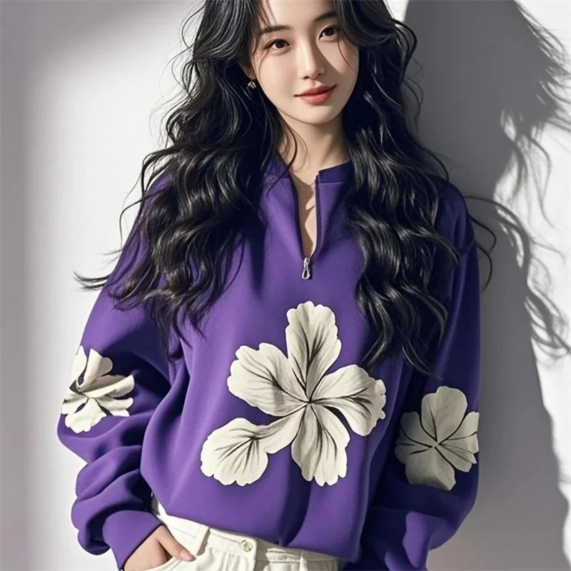 2025 Super beau sweat à capuche Unique noir violet demi fermeture éclair col en v imprimé haut ample femmes printemps automne manteau pull