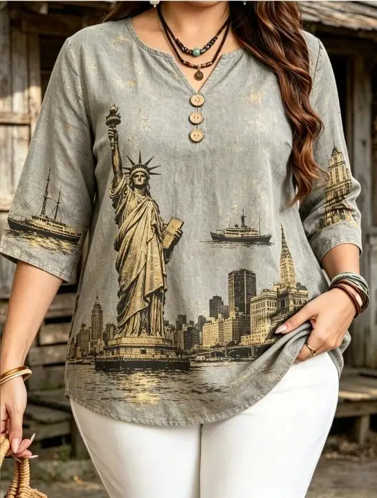 Vintage European City Landmark Print Plus Size Blouses Notch V Neck Wooden Buttons 3/4 Sleeve Soft  Loose Tops