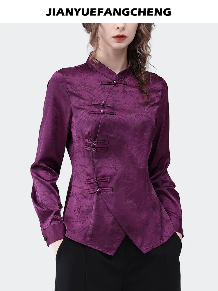 Vintage Chinese Style Women Purple Satin Jacquard Blouse Elegant Slim Long Sleeve Turtleneck Tops Chic Button-down Shirts