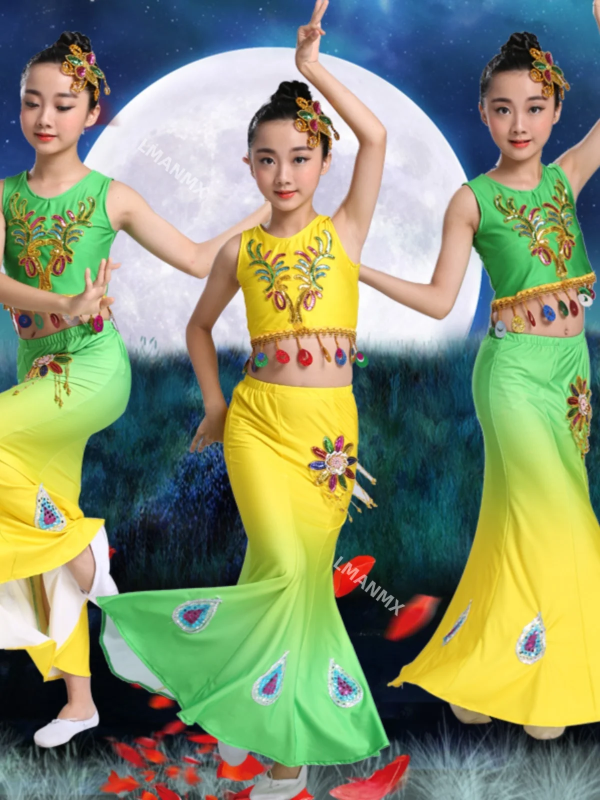 Children's Dai dance costume peacock dance performance costume elastic and comfortable sequined fishtail skirt