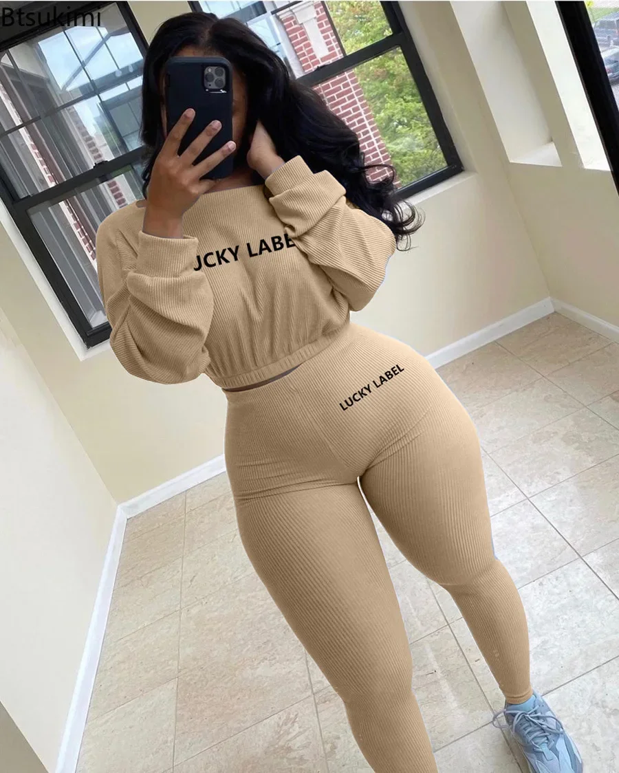 New 2024 Letter Printed Embroidery Women Two Piece Ribbed Tracksuits Long Sleeve Sweatshirt and Skinny Pants Set Women Tracksuit