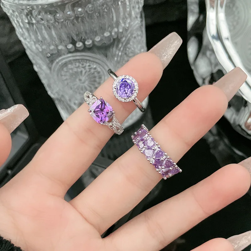 Silver Color Adjustable Ring with Bling Purple Zircon Stone for Women Fashion Jewelry Wedding Engagement RIng