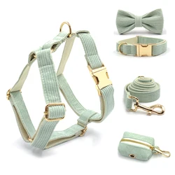 Mint Green Corduroy Cat Collar Personalized Anti-Lost Pet Collar for Small Medium Large Dogs Soft Pet Harness Leash Set with Bow