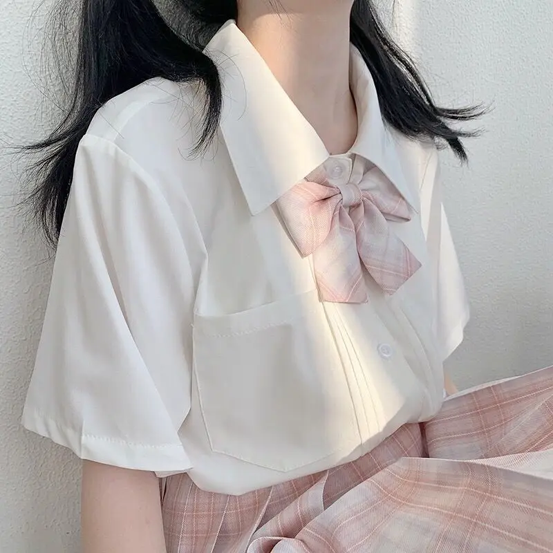 

Summer JK Elegant White Blouse Japanese Sweet Preppy Organ Ruched Striped Short Sleeve Collared Button Up Kawaii Shirts WomenTOP