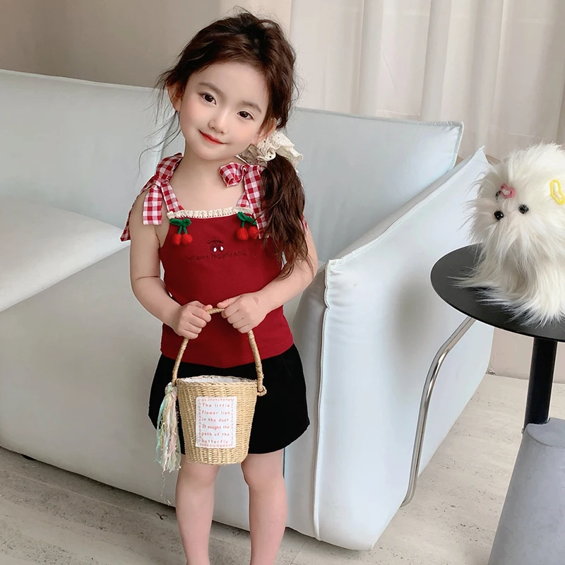 Summer Baby Girls Clothing Sets Child Cherry Vest Shorts 2 Pieces Suit Kids Lace Princess Beach Vacation Clothes Inafnt Outfits