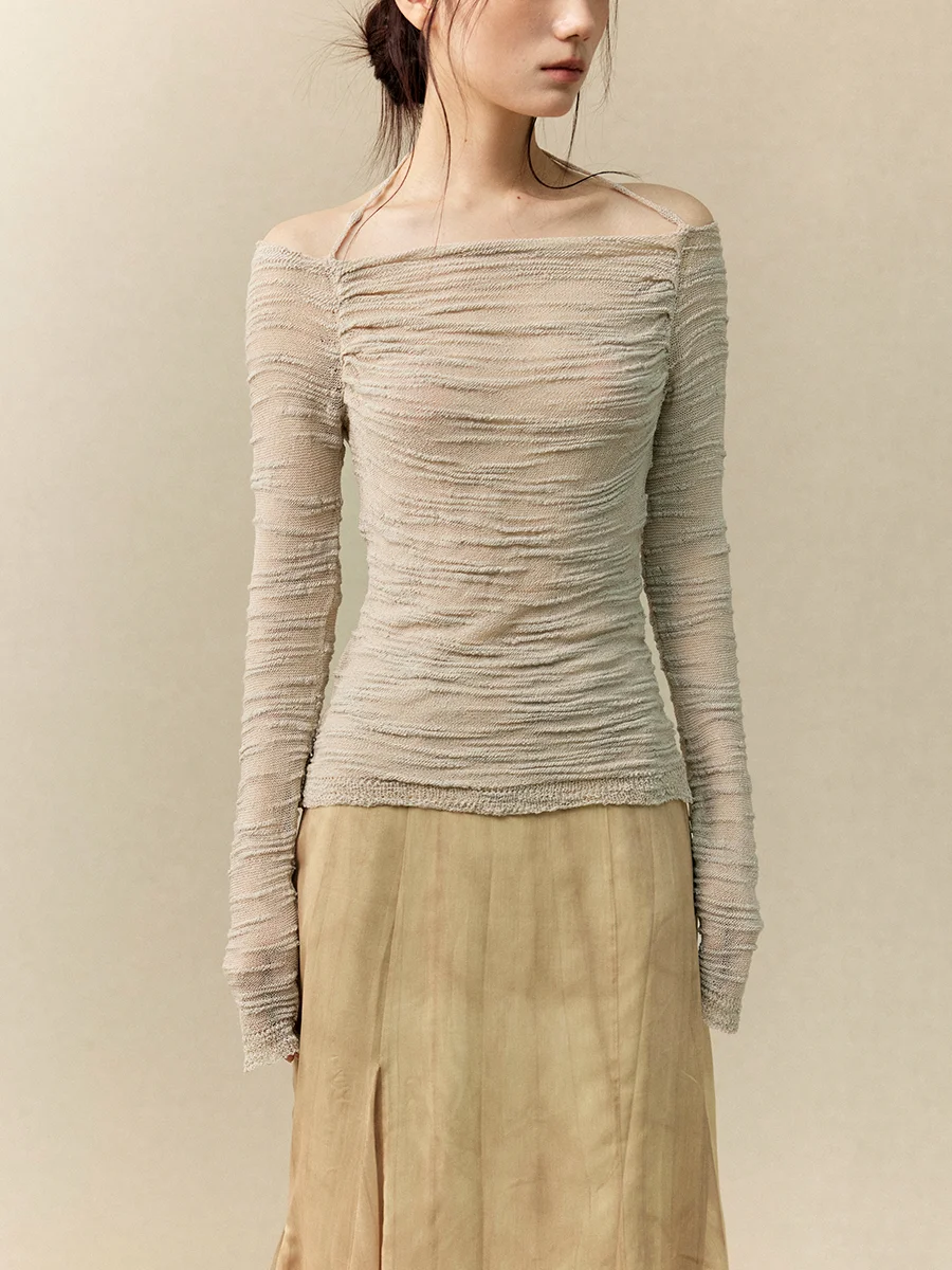 

MURMURMI Brand Textured Yarn Sling Ne Knitted Long Sve T-irt Women's Busin Casual Slim Fit Wool Blend T-irt