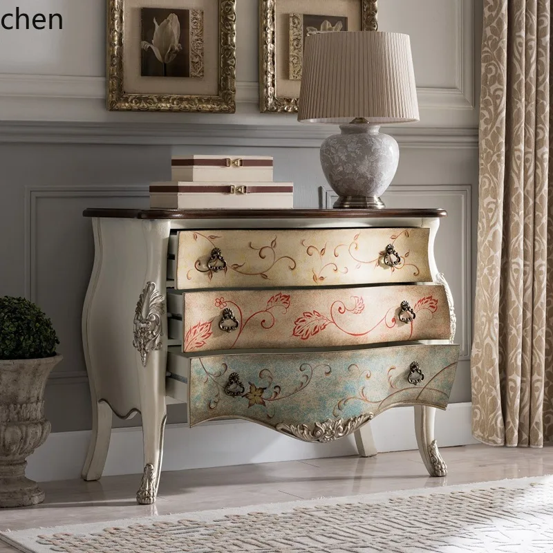 YFY  Three-Drawer Entryway Cabinet Hallway Partition Decorative Cabinet Hand-Painted Carved Storage Cabinet Living Room