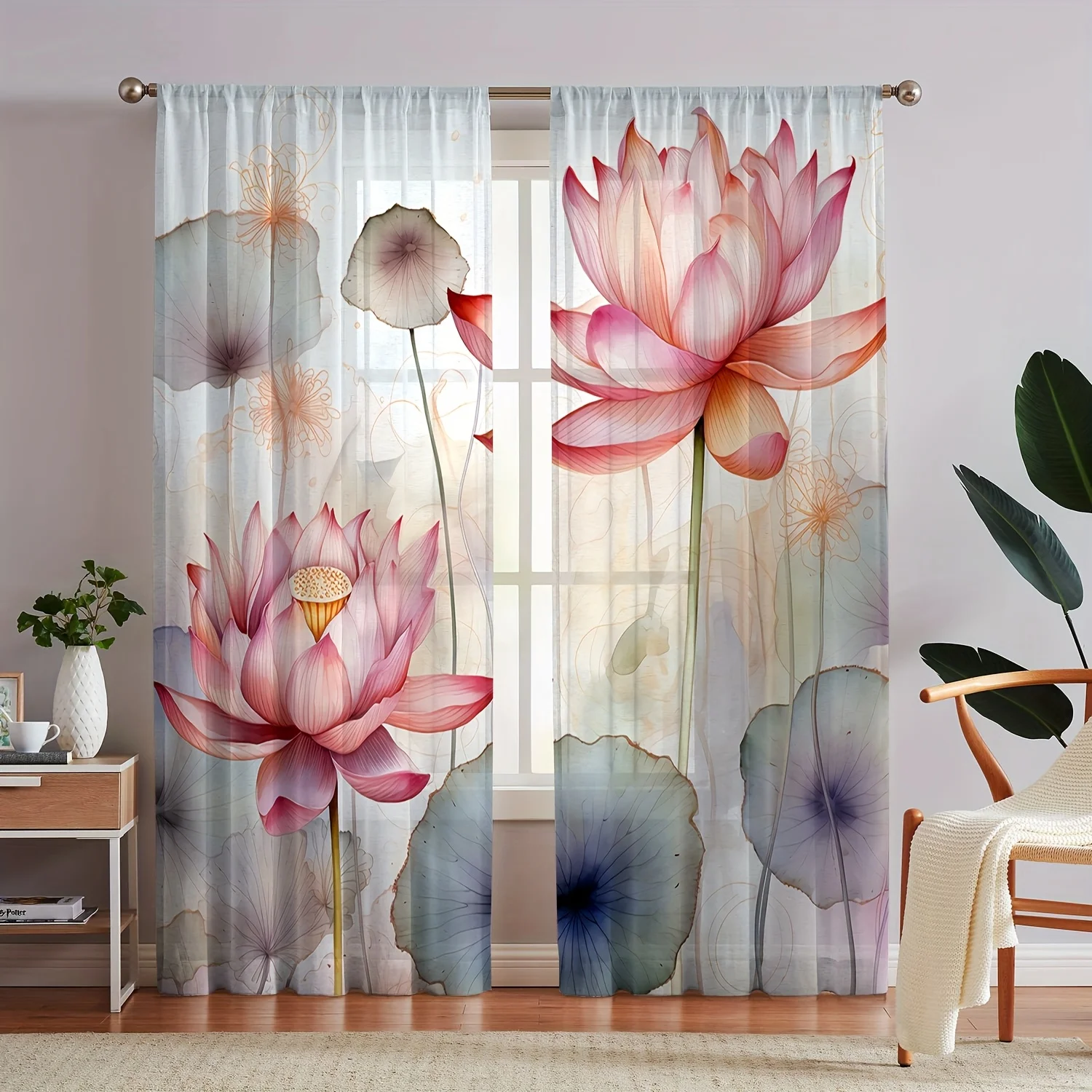 

2PCS Lotus Sheer Curtains Modern Light Filtering Polyester Rod Pocket for Bedroom Living Room Kitchen Café Balcony Garden