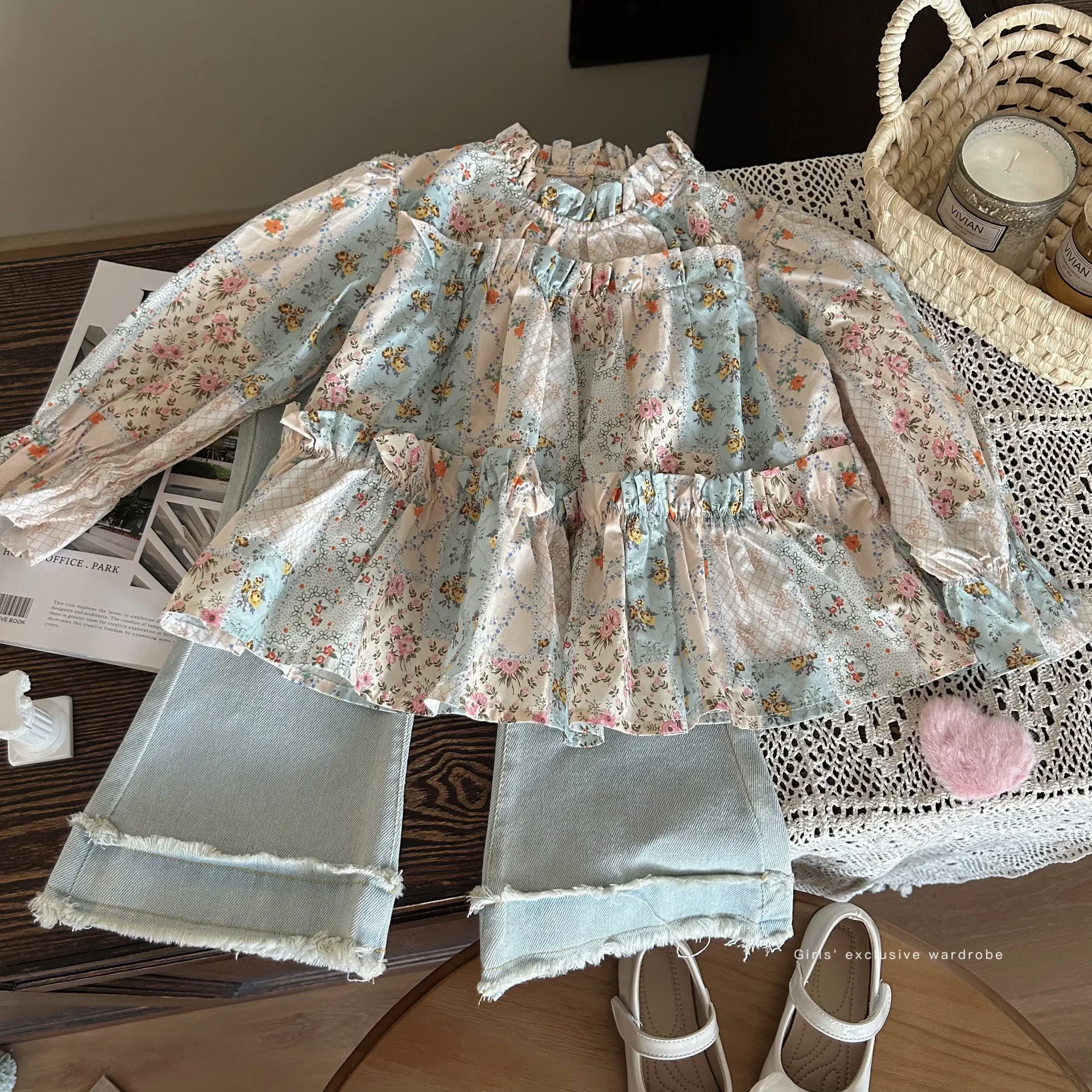 

Рубашка для девочек, Новинка осени 2024, топы с длинным рукавом и цветочным принтом, ковбойские однотонные повседневные Простые модные милые корейские для активного отдыха, винтажные