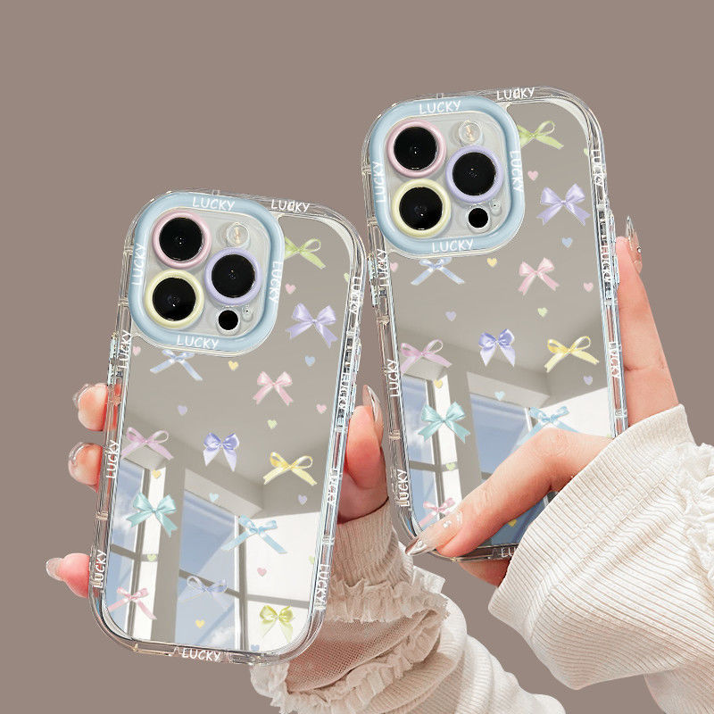  Full Screen Colorful Bow Mirror Phone Case For iPhone 16 15 14 13 12 11 Pro Max XR XS MAX 7 8 PLUS MINI Y2K Shockproof Cover 