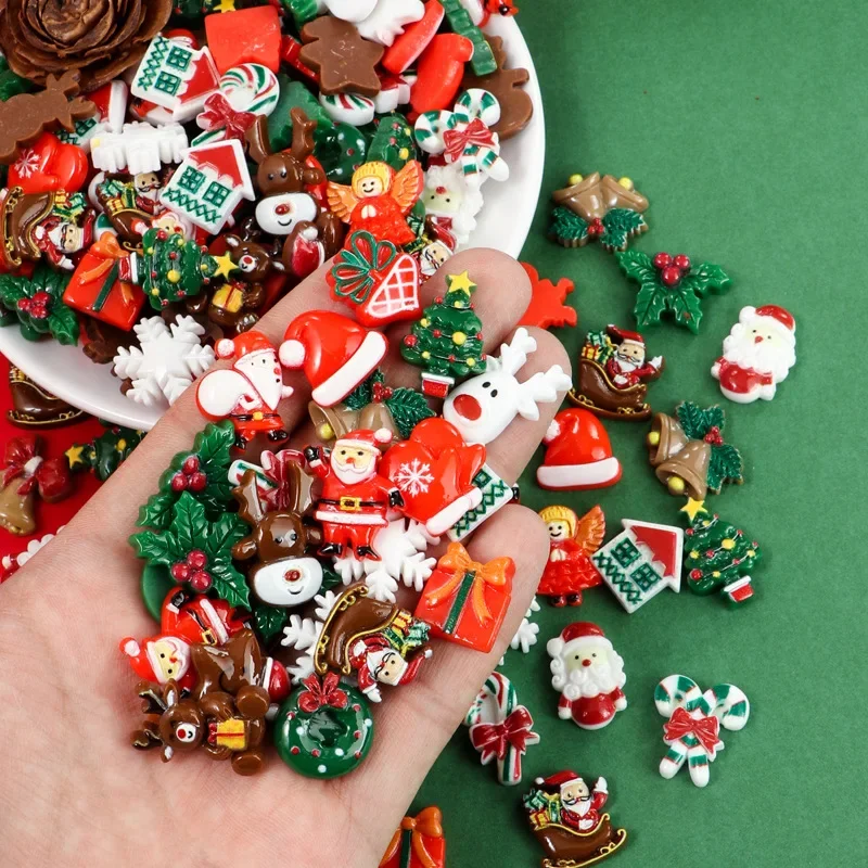 50pcs Resin Christmas Flatbacks Santa Snowman Snowflake Holly Xmas Tree Mixed Cabochons For Scrapbooking DIY Crafts Hair Jewelry