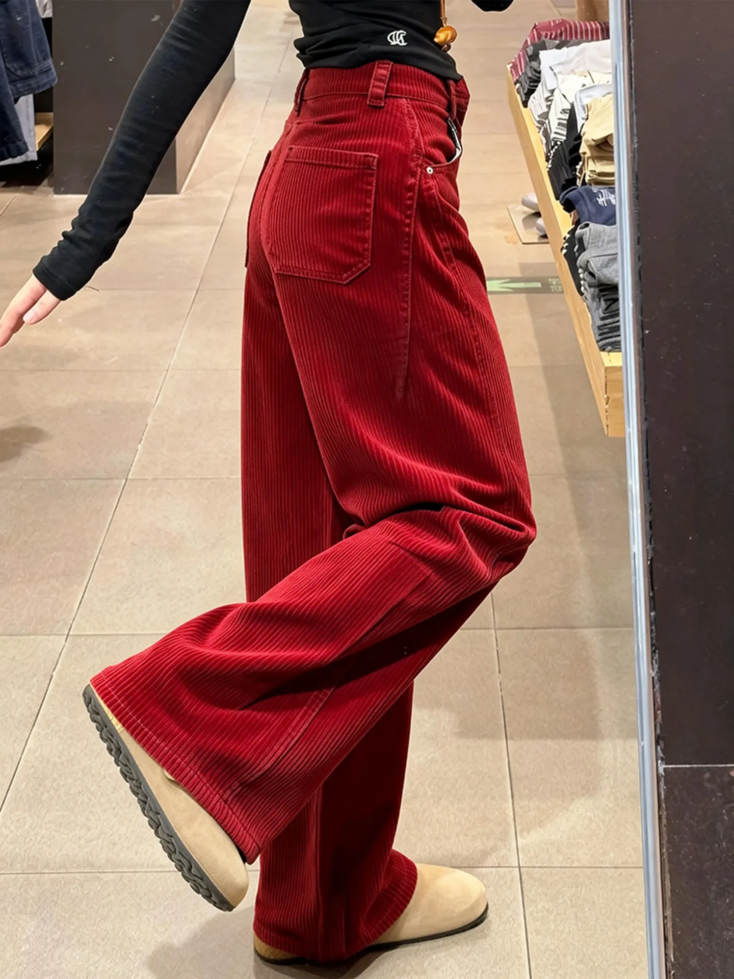 

Модные женские повседневные брюки из красного вельвета с высокой талией, прямого кроя, с эффектом стройности, универсальные, подходят ко всему