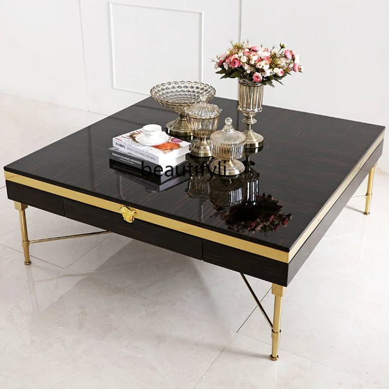 

Italian Style Light Luxury Coffee Table Marble Square Champagne Gold Stainless Steel Post-Modern Minimalist Coffee Table