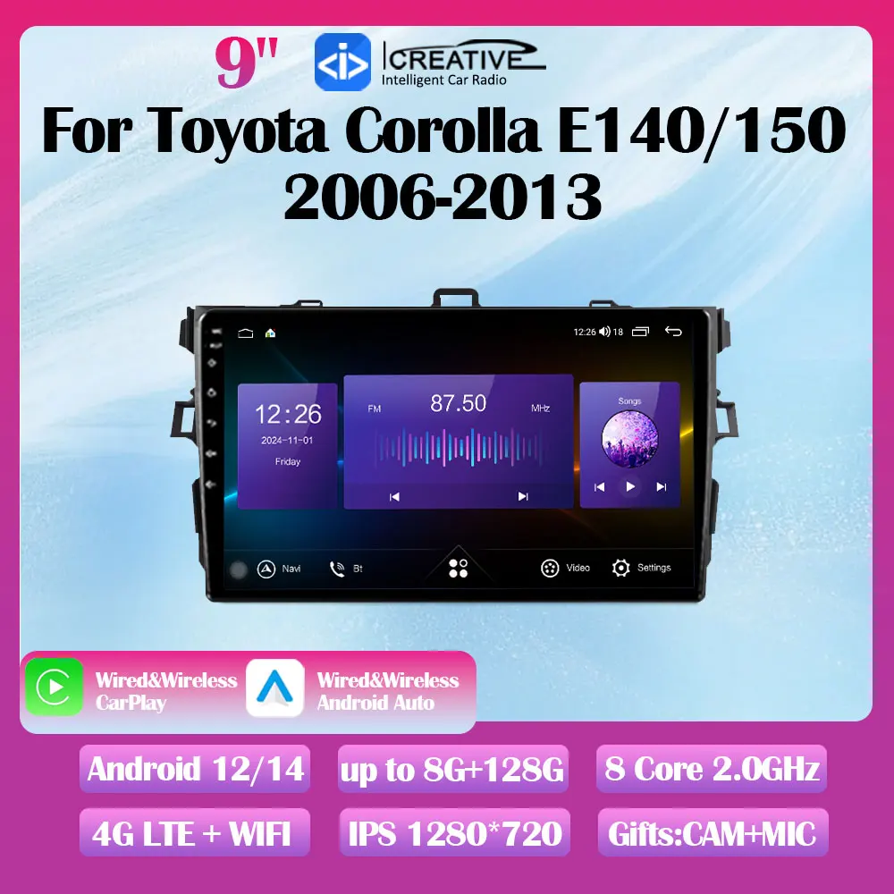 Android 14 Car Radio For Toyota Corolla E140 E150 2006-2013 Stereo Multimedia Video Player Navi GPS CarPlay Autoradio HU DVD DSP