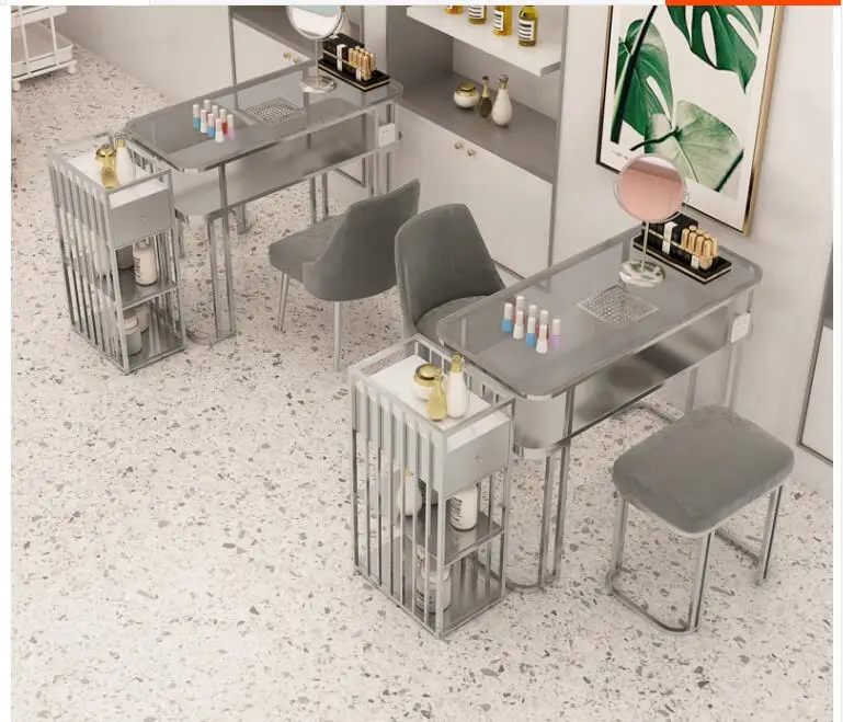 Nail Table Single Double Triple with vacuum cleaner socket Glass Face Marble Nail Shop Table and Chair set