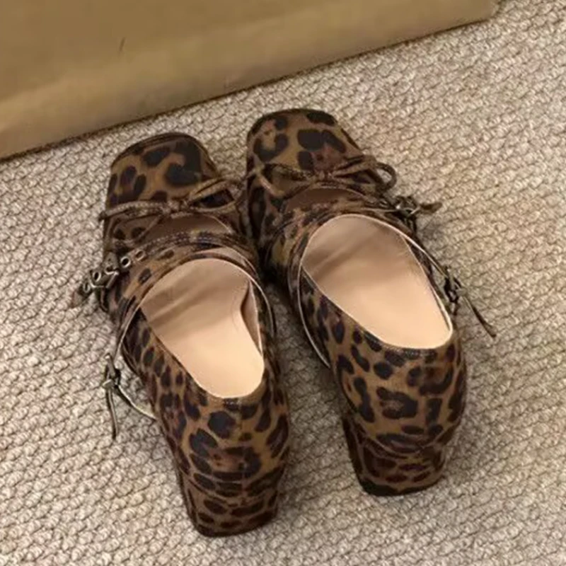 

Leopard High Heels Women's Mary Janes Shoes Bow Square Toe Shoes 2025 Autumn Pumps Elegant Chunky Shoes New Dress Mujer Sandals