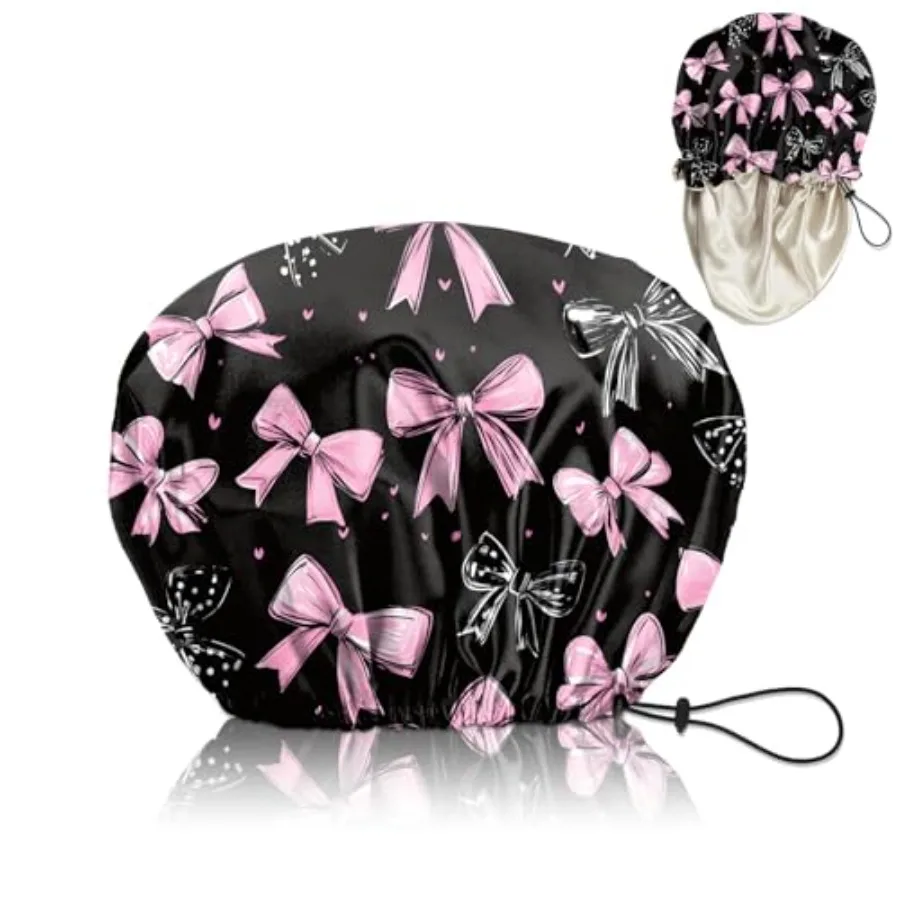 

Luxury Shower Cap Satin Silk Lined Adjustable Elastic Reusable Waterproof Shower Bath Cap Cute for Women Girls-Black Pink Bowkn