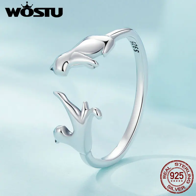 WOSTU 925 Sterling Silver Creative Pet Cat Opening Ring For Women Lovely Fox Animal Rings Girl Birthday Gift Party Accessories