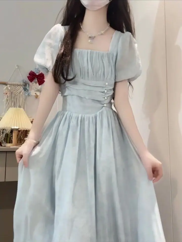 Été doux Fre collège Sle bleu col carré Dr femmes premier amour bulle Sve taille cintré fée a-ligne jupe