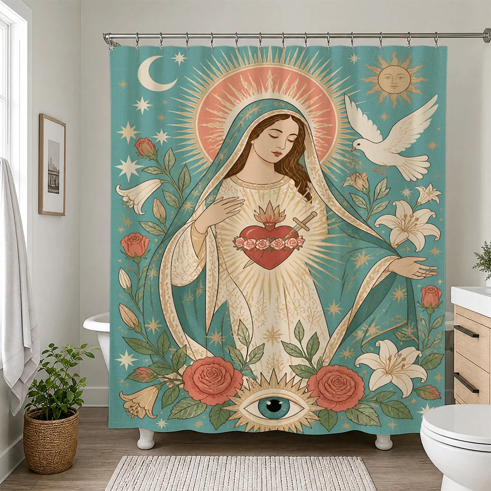 Sacred Heart of Mary Religious Shower Curtain Bohemian Boho Christian Art Bathroom Decor