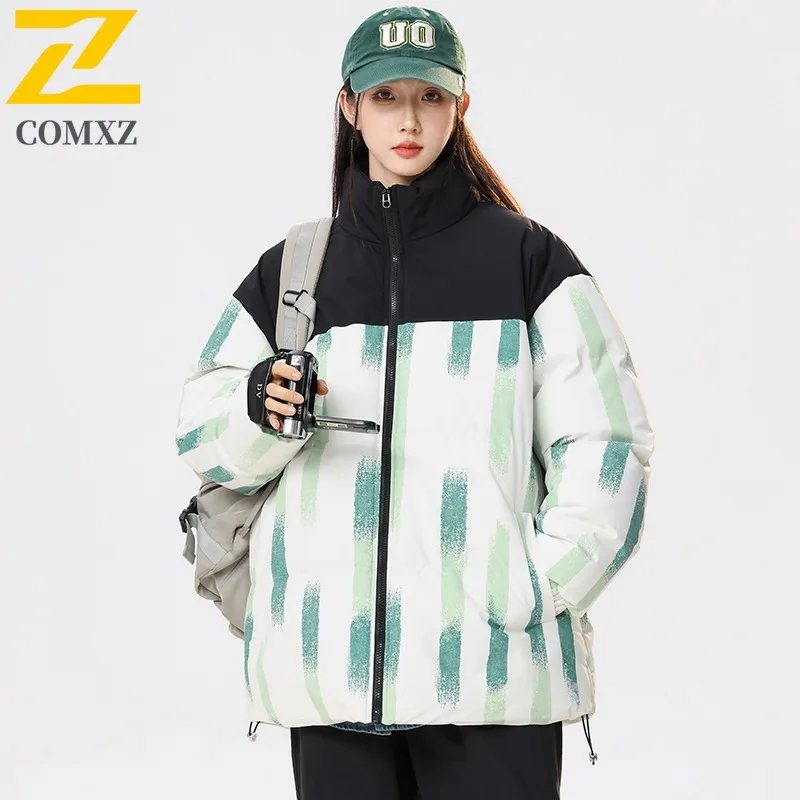 COMXZ 2025 New Autumn Winter Stand Collar Color Block Padded Coat Unisex Casual Sports Outwear Candy Color Trendy Couple Jacket