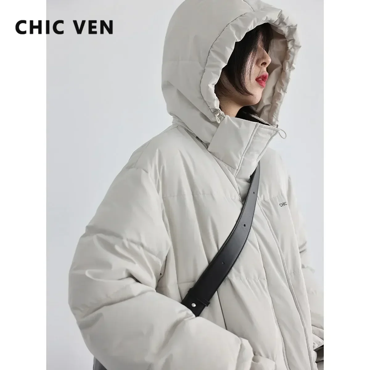 CHIC VEN Women\'s Down Coat Solid Thick Detachable Hooded 90 White Duck Down Mid Length Female Down Jacket Winter Overcoat 2023