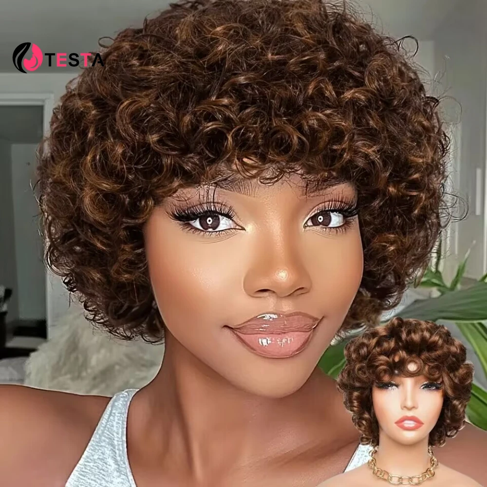 

250Density Black Brown 99j Burgundy Bouncy Curl Glueless Human Hair Wigs With Bang Wear To Go Sprial Curly Machine Made Full Wig