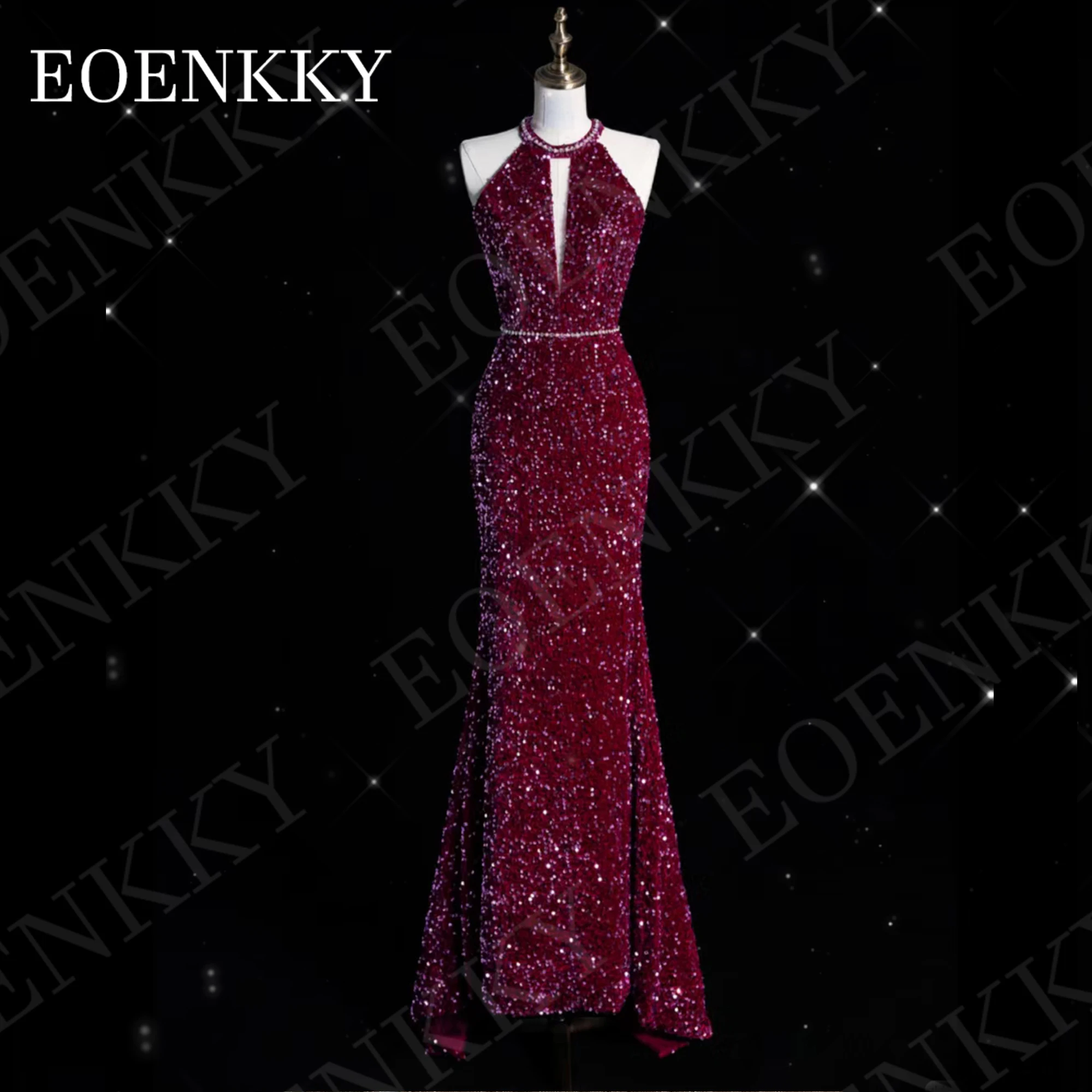 

EOENKKY Mermaid Glitter Evening Dresses Pretty Prom Dress Modern Backless Velvet Sequin Bespoke Occasion Gown Customized Halter