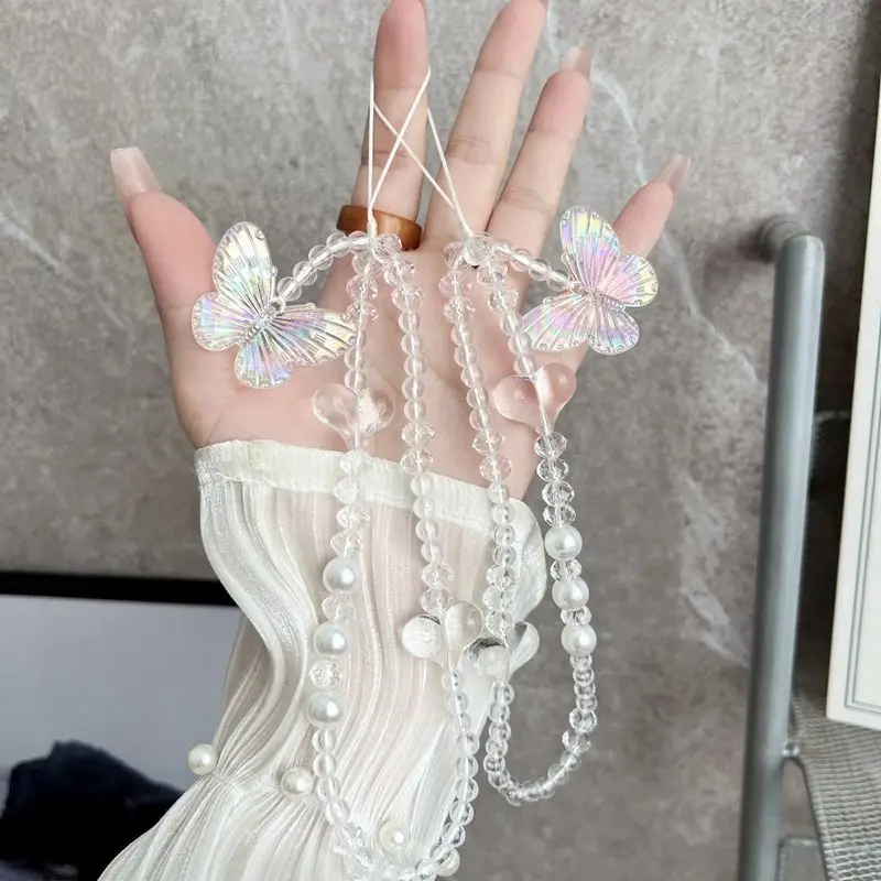 

Y2K Butterfly Pearl Beaded Phone Chain Crystal Clear Bow Phone Lanyard Bag Charm Pendant CCD Wrist Strap for Girls Gift Decor