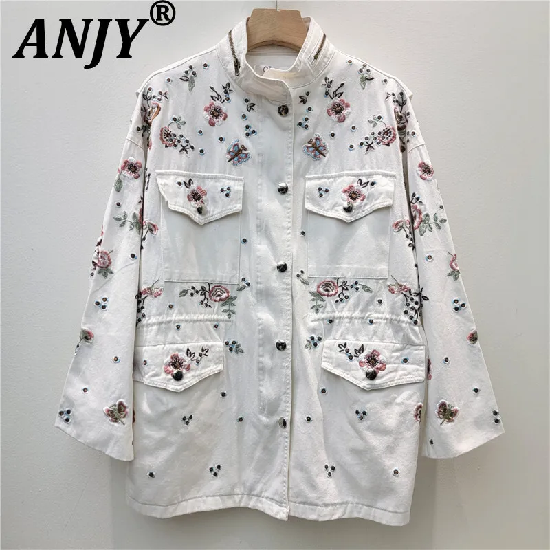 

ANJY 2022, осенне-зимняя новая женская модная элегантная джинсовая куртка с цветочной вышивкой и воротником-стойкой, универсальное утягивающее пальто A16378