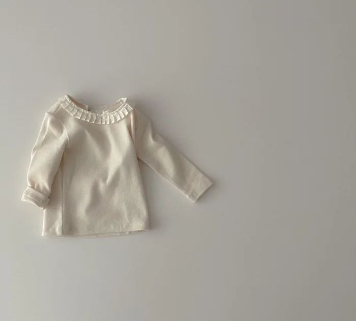 Cute Pleated Lotus Collar T-shirt for Girls Sweet Princess Slim Fit Base Shirt Comfortable and Soft Simple Daily Routine