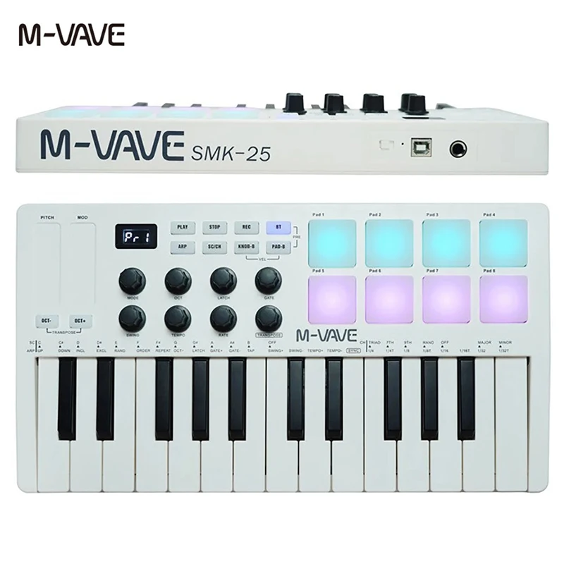 M-VAVE 25-Key USB MIDI Keyboard Controller with 8 RGB Drum Pads  Bluetooth Backlit Trigger Pads SMK25 Midi Keyboard Controller