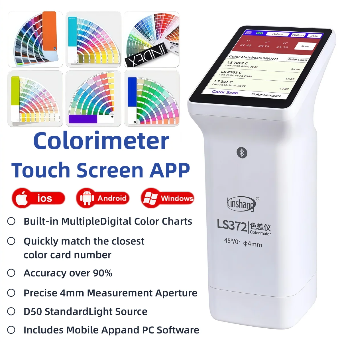 LS372 Smart Touchscreen Colorimeter for Printing Paper Packaging IndustryPrecise 4mm Measurement Aperture Built-in Color Charts