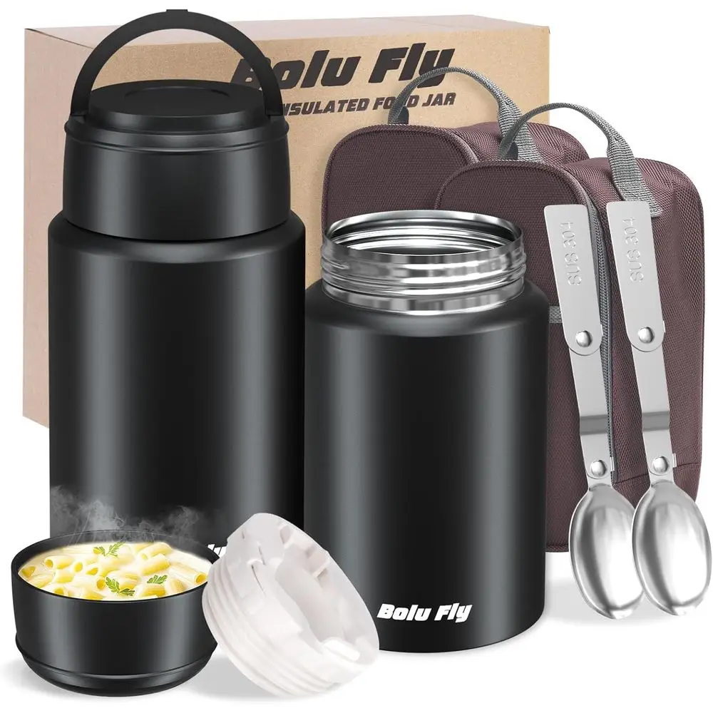 

2 Pack Insulated Food Jar, Stainless Steel Vacuum Thermal Lunch Box Containers with Carry Bag and Spoon (18.5oz, 27oz) (Black)