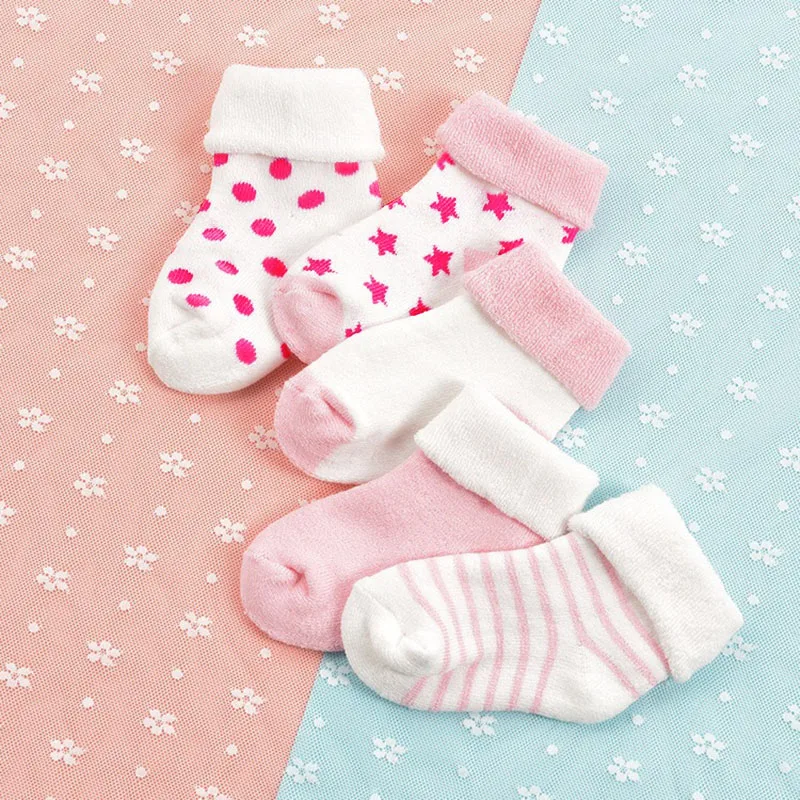 5Pairs/Set Cute Bear Baby Winter Socks Soft Warm Thick Plush Infant Floor Sock Cartoon Star Pattern Newborn Toddler Terry Socks