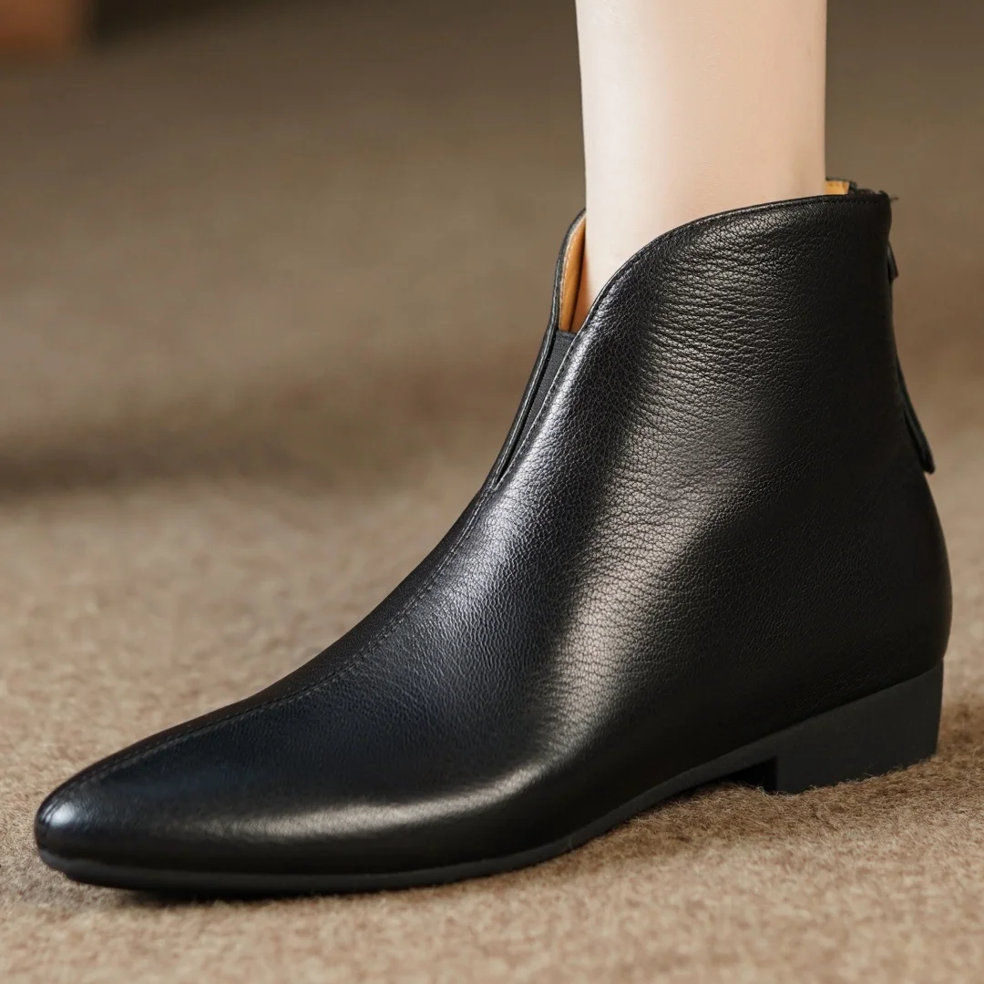Damskie buty z owczej skóry ze szpiczastym noskiem i zamkiem błyskawicznym z tyłu jesienne botki wysokiej jakości miękkie wygodne codzienne damskie krótkie botki — zdjęcie 5