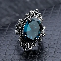 Huitan Aesthetic Pattern Big Oval Blue CZ Vintage Rings for Women Fancy Birthday Day Gift Unique Retro Accessories Party Jewelry