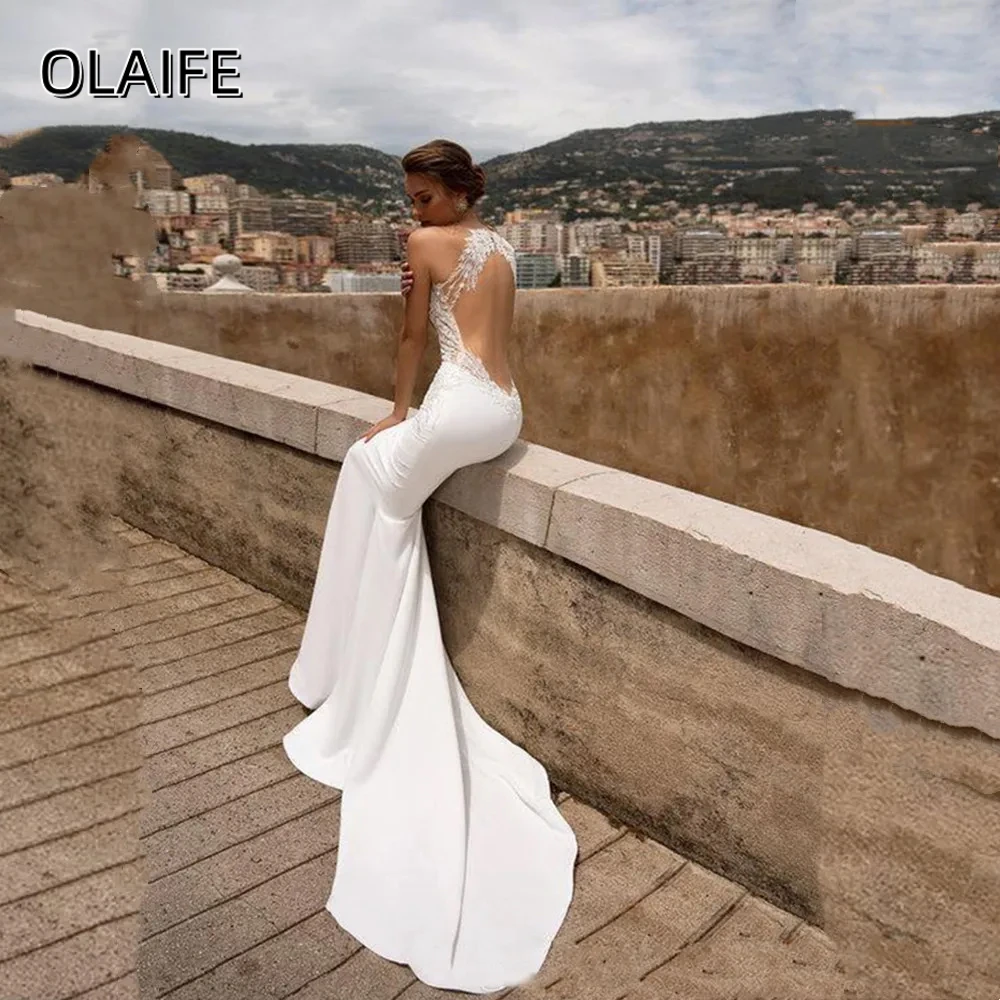 Olaife Sexy Mermaid Satin Sleeveless Wedding Dresses Sweetheart Lace Appliqued Backless Beach Bridal Gowns vestidos de