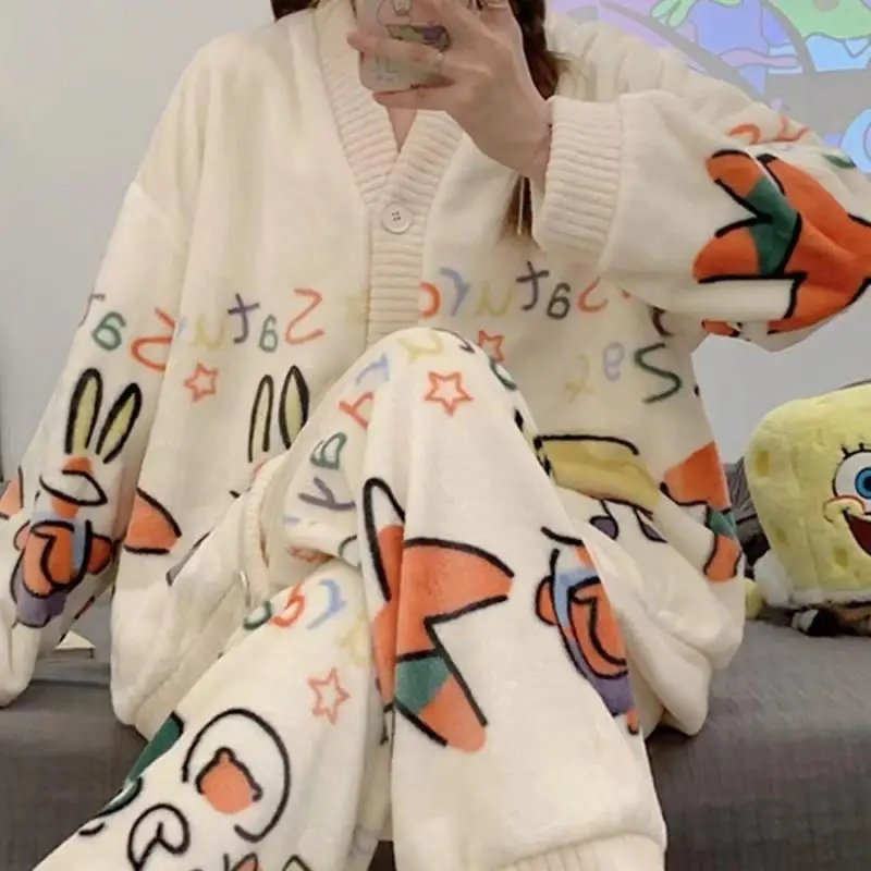 Anime Pajama Set Kawaii Decorate Girl Creativity Warm and Thick Fleece Couple Thickened Home Clothes Surrounding Gift Wholesale