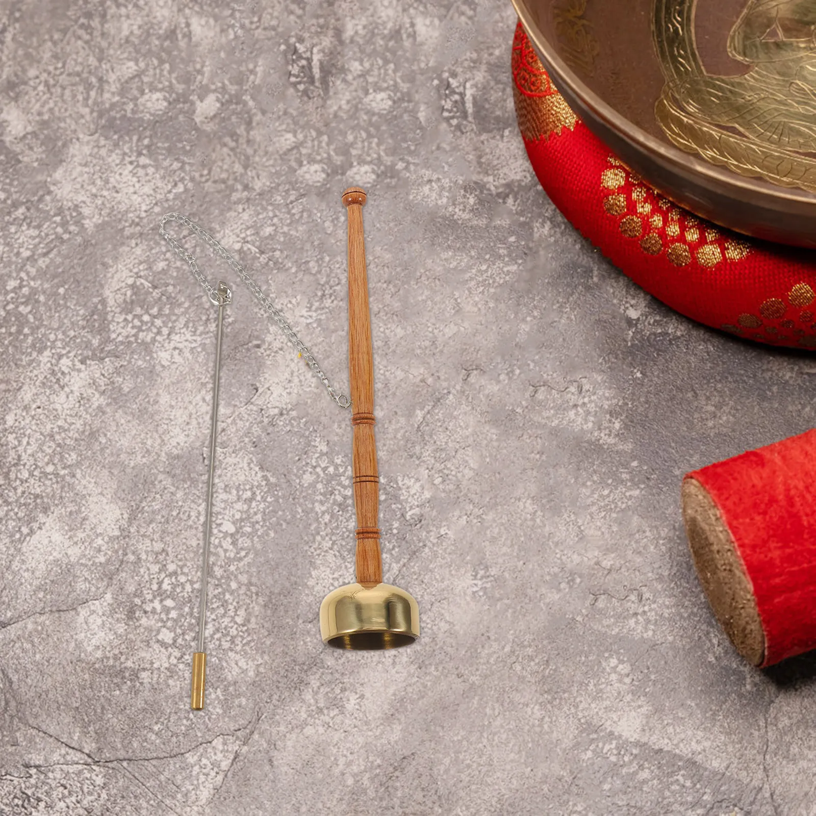 

Temple Yin Qing Buddhist Handheld Prayer Bell Long Wooden Handle Copper Chime Instrument Ritual Meditation Tool Traditional