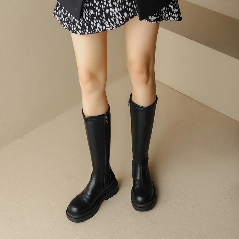 Petite Feet Stretch Women Knee High Boots Side Zipper Platform Boots Black Plus Width Oversizes Round Toe Splicing Boots