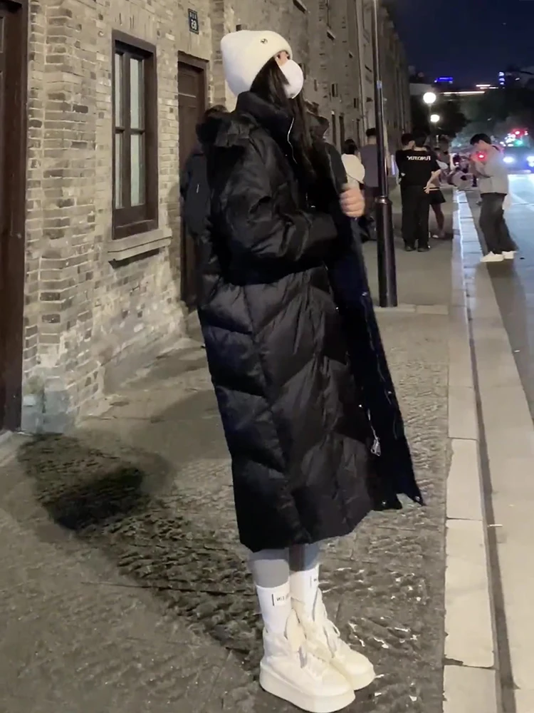 Abrigo con capucha de plumón blanco Thiened de invierno para mujer hasta la rodilla con cremallera Jaet coreano Sle Commute Faion Abrigo acolchado